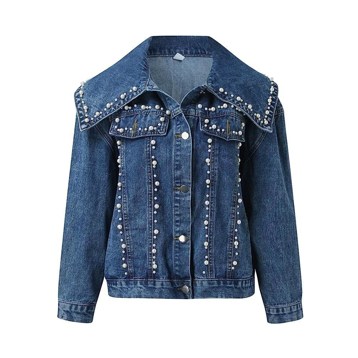 Women's Blue Long Sleeve Button Down Denim Jacket Pocket