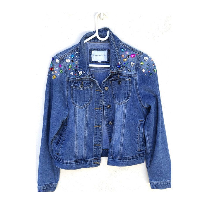 Rhinestone embellished denim jacket bling cow girl jacket handsewn