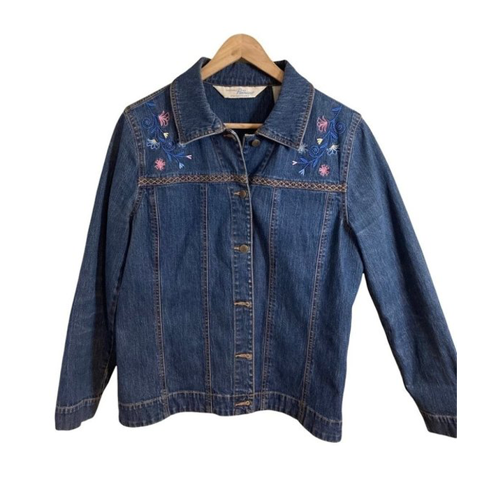 Jean jacket floral embroidered denim size medium stretchy